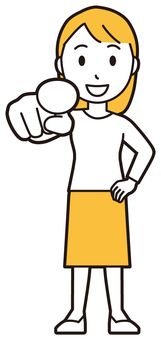  ロングヘア女性(黄)-545-全身 指さす,笑顔,女性,女の子,人物,かわいい,微笑む,にっこり,ニコニコ,指名のイラスト素材