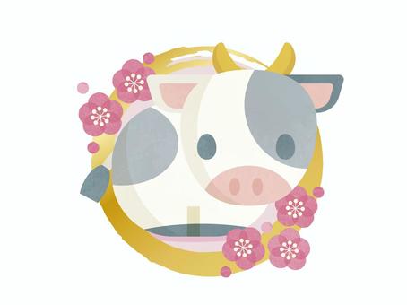 丑年-年賀状用素材-1 動物,ウシ,牛,丸,梅,花,ライン,2021年,水彩,かわいいのイラスト素材