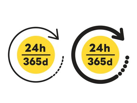 回転矢印と24時間365日のアイコン黄色 回転,矢印,365日,365days,一年,年中無休,一年中,毎日,フル,稼働のイラスト素材