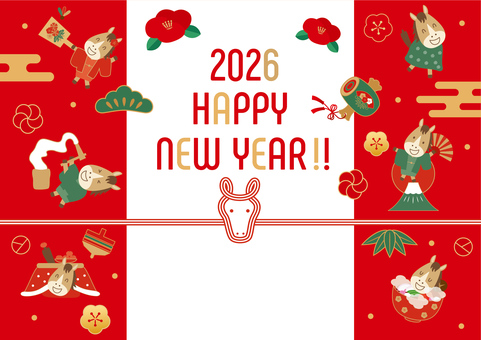2026年の午年のフレーム お正月,正月,年賀状,2026年,2026,午年,馬,令和8年,セット,あしらいのイラスト素材