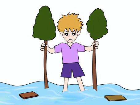 周りに流されない強い意志 流されない,男子,木,支え,水,意思,保つ,状態,維持,動かないのイラスト素材