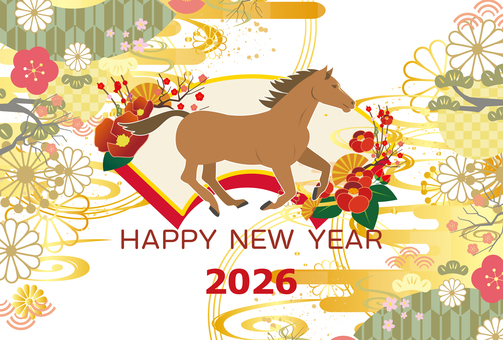 年賀状　2026年　午年 年賀状,2026年,午,午年,宝船,縁起物,波,海,船,乗り物のイラスト素材