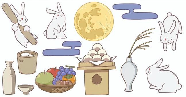 お月見 お月見,団子,うさぎ,お供え,ススキ,餅,果物,月見酒,臼,杵のイラスト素材