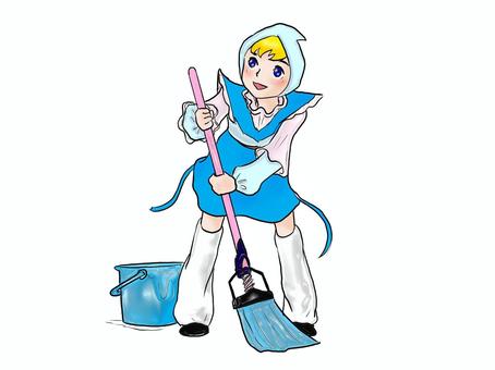 天使界隈の清掃女子 人物,大人,女性,天使界隈,掃除,清掃人,モップ,バケツ,全身,手書きのイラスト素材