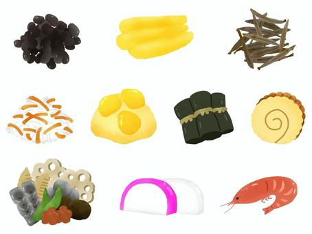 おせち料理色々 おせち,おせち料理,お正月,正月料理,黒豆,数の子,田作り,紅白なます,栗きんとん,昆布巻きのイラスト素材