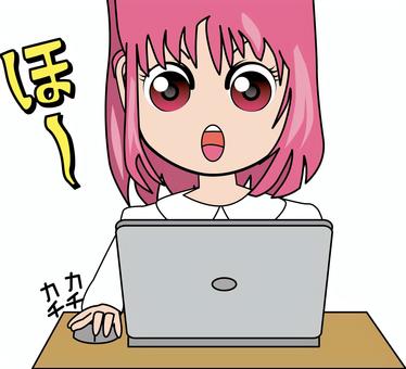 ノートパソコンアニメ顔　 ノートパソコン,調べる,ネット,学習,関心,学ぶ,情報,文字,アニメ,顔のイラスト素材