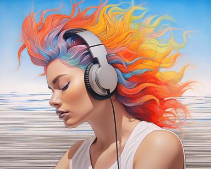 orange hair woman wearing headphones, casque, fem, un visage, JPG