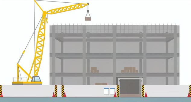 ビルの工事現場のイラスト 工事,建築,現場,ビル,建設,鉄骨,クローラー,クレーン,防災ネット,囲いのイラスト素材