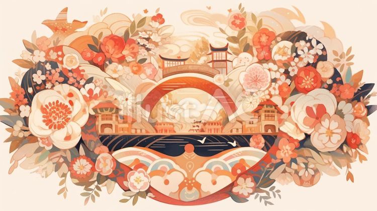 花に囲まれた日本の建物 花,日本,建物のイラスト素材