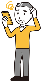 ニット中年男性(黄)-373-全身  ニット中年男性(黄)-373-全身 スマホ,困った,おじさん,男性,中年,お父さん,パパ,シニア,ミドルエイジ,人物のイラスト素材