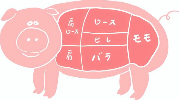 豚肉の部位_線消 豚肉の部位_線消 豚,部位,ポーク,もも,肩,ロース,ヒレ,バラ,食育,手書きのイラスト素材