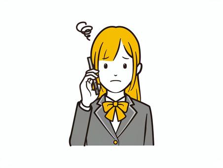 スマホ通話で困惑するブレザー女子 スマホ,スマートフォン,電話,通話,学生,女子学生,ブレザー,リボン,高校生,中学生のイラスト素材