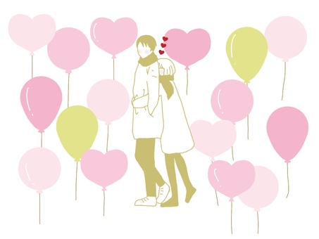 ハグするカップルと風船 恋愛,恋愛中,カップル,ハグ,バックハグ,ピンク色,ハート,両思い,恋人,彼氏のイラスト素材