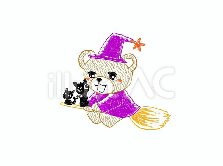 黒猫とホウキと魔女風クマ ハロウィン,魔女,クマのイラスト素材