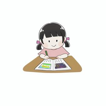 手描き風　絵日記を書く女の子 手描き風,人物,女の子,子ども,小学生,夏休み,夏,宿題,絵日記,日記のイラスト素材