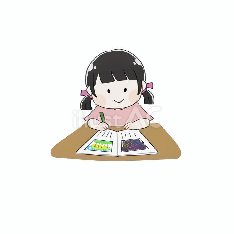手描き風　絵日記を書く女の子 手描き風,人物,女の子のイラスト素材