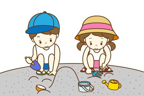 砂場で遊ぶ子供たち 砂場,遊び,遊ぶ,子供,幼い,帽子,麦わら帽子,男の子,女の子,公園のイラスト素材