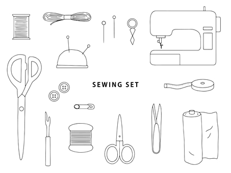 ソーイングセット　イラスト　モノクロ ソーイングセット,糸,ミシン糸,まち針,針山,ハサミ,裁ち鋏,ボタン,糸切りばさみ,安全ピンのイラスト素材