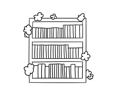 埃まみれの棚（モノクロ） 本棚,大掃除,埃,ゆるい,手描き,シンプル,モノクロイラストのイラスト素材