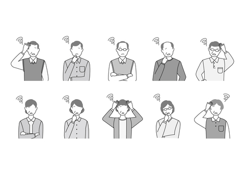 困る普通のおじさんおばさんセットモノクロ 人,困る,おばさん,女性,困惑,トラブル,人物,おじさん,男性,70代のイラスト素材