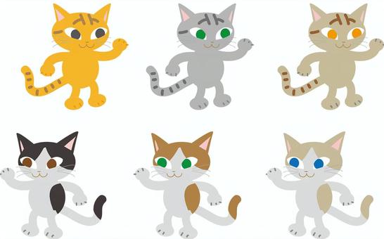 立って手を挙げる猫6種類 猫,子猫,動物,生き物,縞模様,トラ猫,ぶち猫,ペット,かわいい,アイコンのイラスト素材
