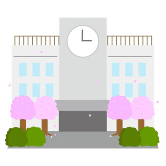 建物_桜の咲く学校(春) 春,桜,桜の木,咲く,花,学校,小学校,中学校,高校,建物のイラスト素材