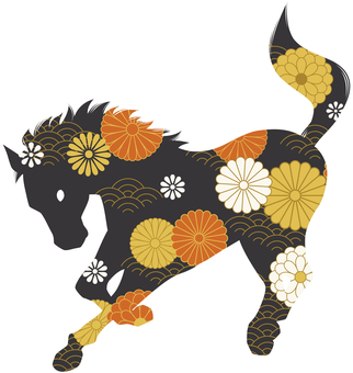 和風の菊、青海波をあしらう駆ける馬 黒 和風の菊、青海波をあしらう駆ける馬 黒 午,午年,馬,干支,お正月,2026年,令和8年,和,和柄,菊のイラスト素材