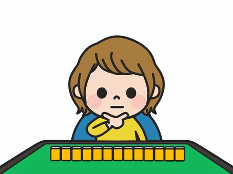 手牌を前に真剣に考える子ども4（麻雀） 麻雀,長考,麻雀卓,卓,牌,手牌,麻雀牌,健康麻雀,趣味,雀卓のイラスト素材