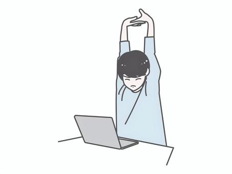 在宅PC作業男性｜のび 男性,pc,仕事,在宅,テレワーク,ビジネス,のび,休憩,ストレッチ,疲れのイラスト素材