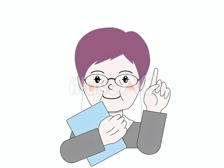 指さしポーズで笑顔の紫ヘアのシニア シニア,高齢者,ご年配のイラスト素材