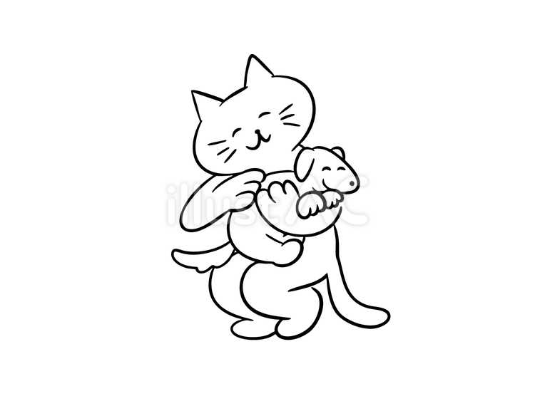 子犬を抱きしめる猫（モノクロ） 猫,動物,友達のイラスト素材
