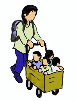 うばぐるまで移動 保育園,園児,保育士,子供,乳母車,台車のイラスト素材