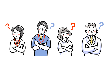 医療従事者＿疑問・考えるポーズ バストアップ,上半身,医療スタッフ,医療,医者,病院,医療従事者,看護士,男性,女性のイラスト素材