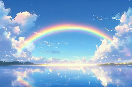 虹と青空と雲と海が美しい水彩画イラスト