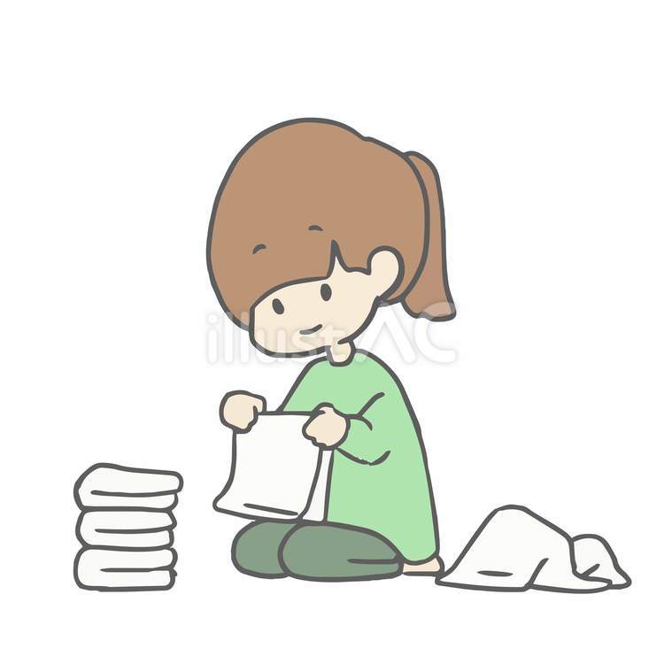 洗濯を畳む女の子 洗濯,家事,タオルのイラスト素材