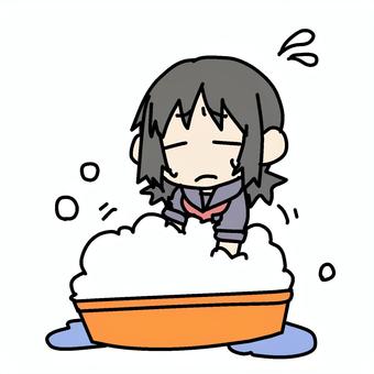 焦ってたらいを泡立てる学生少女 学生,たらい,焦る,泡立てる,バケツ,洗濯,手洗い,もこもこ,シャンプー,清潔のイラスト素材