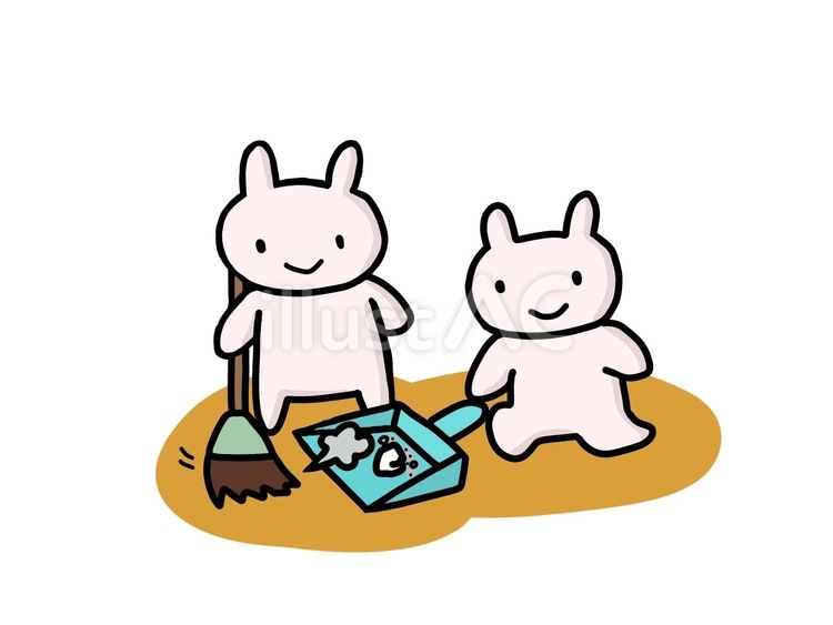 ほうきとちりとりうさぎ うさぎ,掃除,ほうきのイラスト素材