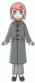 桃色の女の子のダッフルコート ピンク,手描き,ダッフルコート,コート,冬コート,ロングコート,冬ファッション,冬コーデ,アウター,トグルボタンのイラスト素材