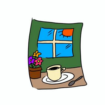 ひととき(カラー) 落書き風,花,コーヒー,家,窓,太陽のイラスト素材
