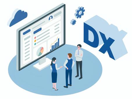 アイソメトリック_DXと人物イメージ アイソメトリック,立体,アイソメ,斜め上,dx,成長,考える,会議,話し合い,改善のイラスト素材