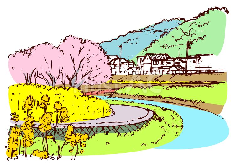 春の街並みのスケッチ ベクター,家,装飾のイラスト素材
