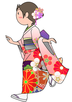 振袖で走る女性 振袖,着物,女性,若い,走る,正月,成人式,和,和服のイラスト素材