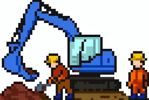 ドット絵のショベルカーを使った工事現場。 ドット絵,ショベルカー,シンプル,建設,現場,重機,作業員,工事,土木,機械のイラスト素材
