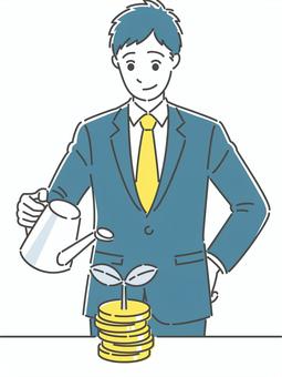 お金を積み立てる男性会社員のイラスト お金を積み立てる男性会社員のイラスト 投資,育てる,お金,積立,水やり,資産,運用,金融,貯金,芽のイラスト素材