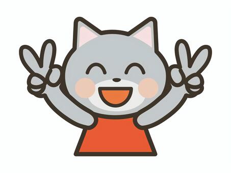 ダブルピースをするかわいい猫の上半身 ダブルピース,猫,笑顔,かわいい,喜ぶ,嬉しい,両手,ピース,笑う,楽しいのイラスト素材