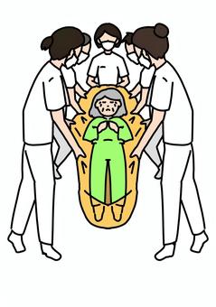 大きな布でお婆さん複数人で運ぶ　カラー 避難,おばあさん,看護師,白衣,女性,高齢者,患者,移動,搬送,大人数のイラスト素材
