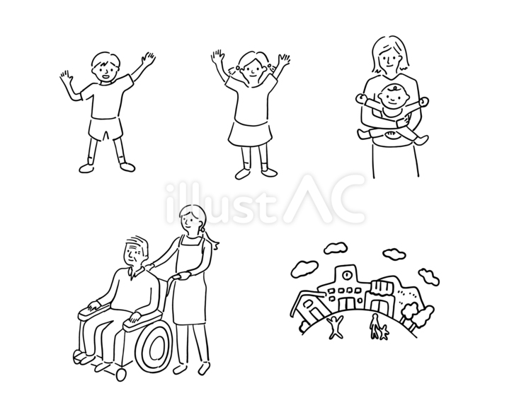 子供やお母さんと介護する人　線画 女性,子供,男の子のイラスト素材