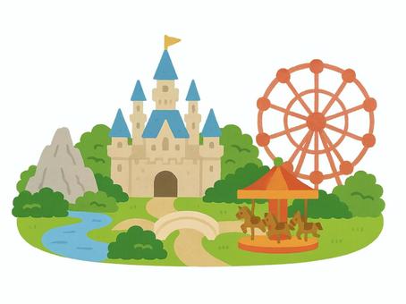 遊園地 テーマパーク,遊園地,お城,観覧車,メリーゴーランドのイラスト素材