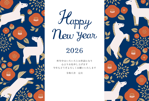 和モダンな椿、菊、馬散らしの年賀状 年賀状,午年,午,椿,ボタニカル,馬,テンプレート,年賀,はがき,お正月のイラスト素材