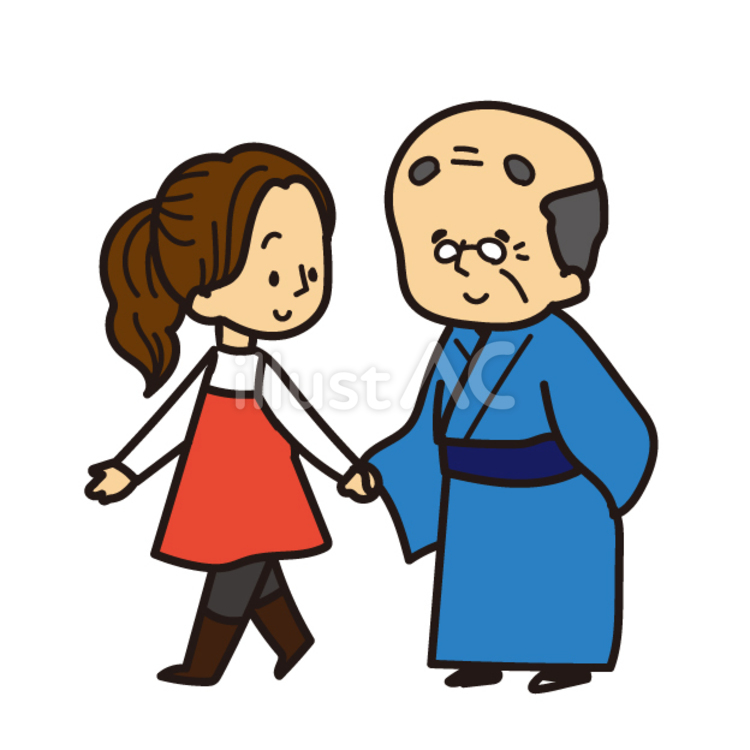 おじいちゃんの手を引く孫娘 敬老の日,おじいちゃん,高齢者のイラスト素材